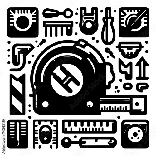 Illustration of various hand tools including a tape measure screwdriver and level in black and white