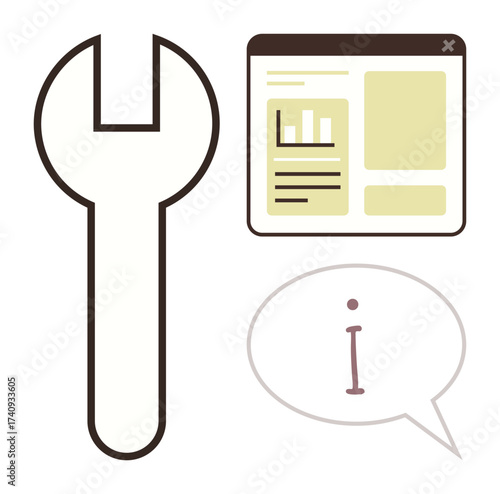 Wrench alongside webpage and information bubble symbolizing maintenance, troubleshooting, and tech optimization. Ideal for customer service, repair, tools, IT, software, productivity guidance