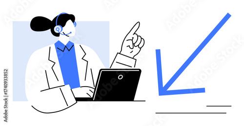 Female agent wearing a headset with laptop, gesturing at a downward graph. Ideal for customer support, analytics, communication, sales decrease, remote work, problem-solving, simple flat metaphor