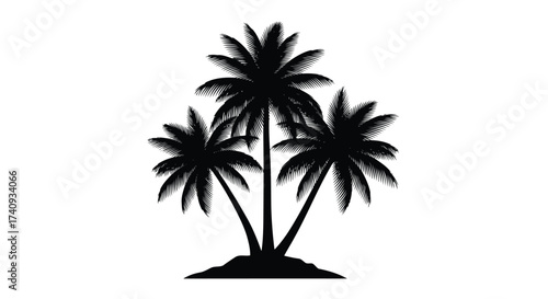 Vector illustration of silhouette of three palm trees on a small island