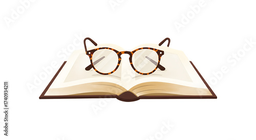 Open book with glasses resting on top, symbolizing knowledge and learning in a serene environment