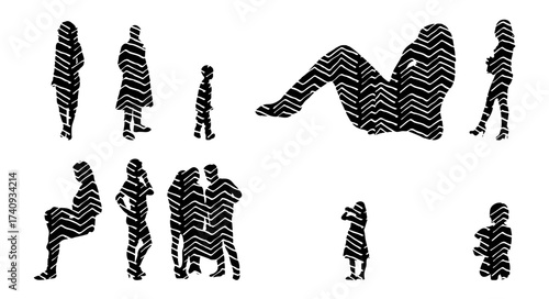Vector illustration, Outline silhouettes of people, Contour drawing, people silhouette, Icon Set Isolated , Silhouette of sitting people, Architectural set