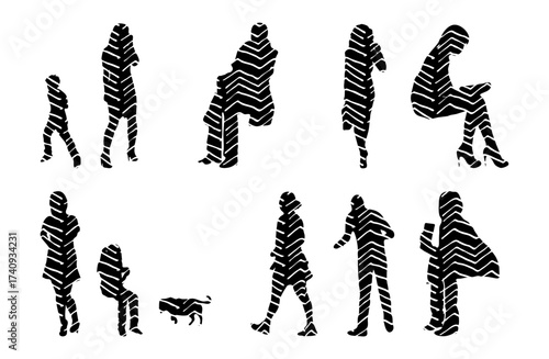 Vector illustration, Outline silhouettes of people, Contour drawing, people silhouette, Icon Set Isolated , Silhouette of sitting people, Architectural set