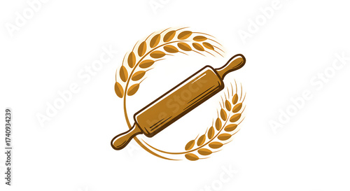 Rolling pin surrounded by wheat sheaves, symbolizing baking and culinary arts, with a clean background