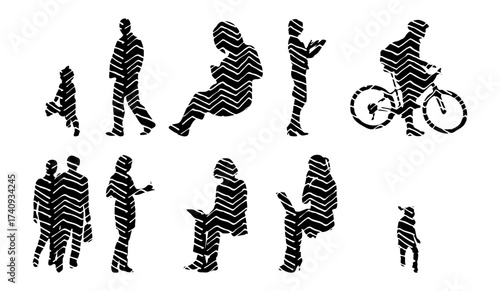 Vector illustration, Outline silhouettes of people, Contour drawing, people silhouette, Icon Set Isolated , Silhouette of sitting people, Architectural set