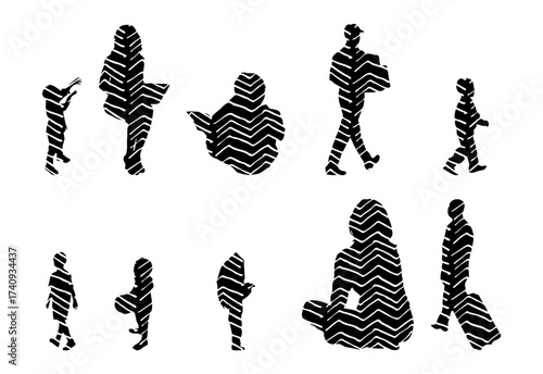 Vector illustration, Outline silhouettes of people, Contour drawing, people silhouette, Icon Set Isolated , Silhouette of sitting people, Architectural set
