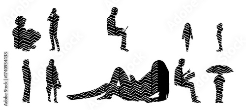 Vector illustration, Outline silhouettes of people, Contour drawing, people silhouette, Icon Set Isolated , Silhouette of sitting people, Architectural set