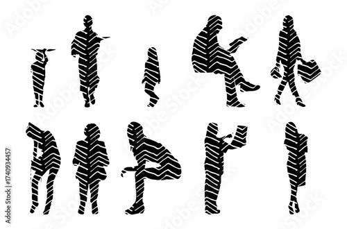 Vector illustration, Outline silhouettes of people, Contour drawing, people silhouette, Icon Set Isolated , Silhouette of sitting people, Architectural set
