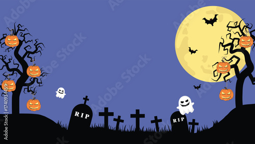A Spooky Halloween Atmosphere With Pumpkins Hanging On Dry Trees In The Cemetery