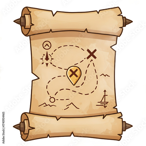 Vintage treasure map illustration with marked route and compass, depicting adventure and exploration