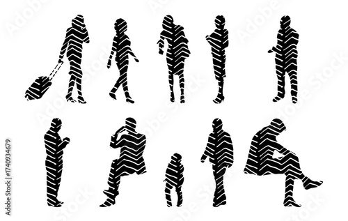 Vector illustration, Outline silhouettes of people, Contour drawing, people silhouette, Icon Set Isolated , Silhouette of sitting people, Architectural set