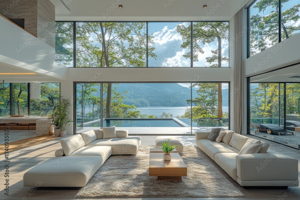 Naklejka premium Elegant Airy Living Room with Large Windows and Bright Interior