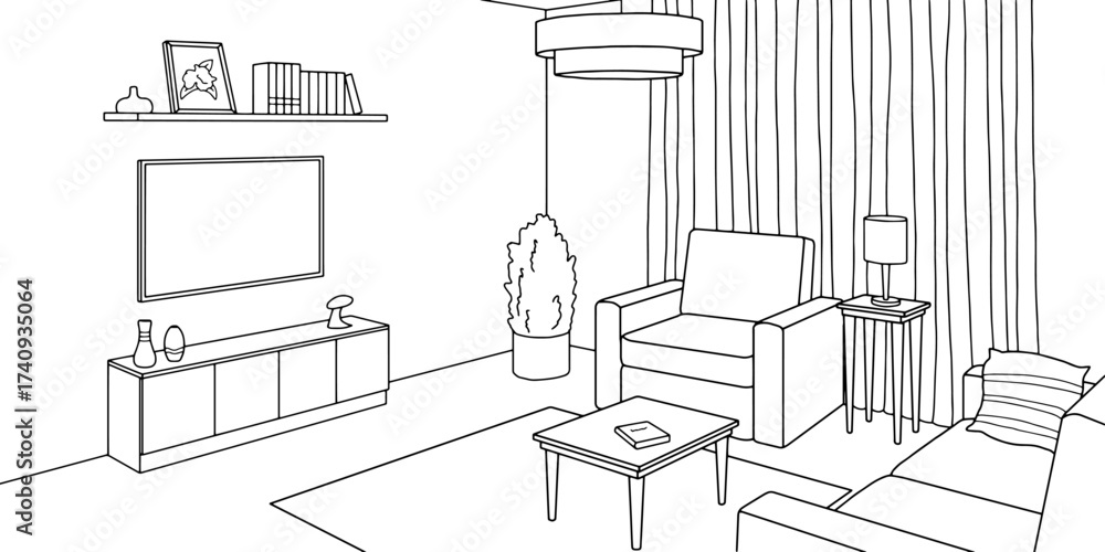 Fototapeta premium TV living room graphic black white home interior sketch illustration vector 