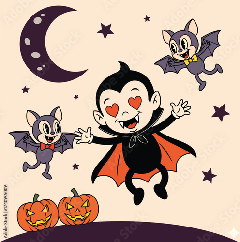 Cute cartoon vampire character with heart eyes surrounded by flying bats pumpkins and stars under a crescent moon isolated on white background