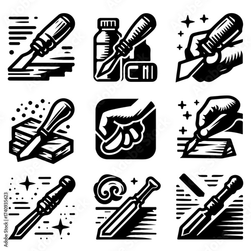 Illustration showing a variety of wood carving tools and hands using them in different woodworking scenes