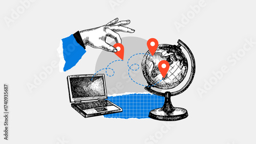 Trendy collage concept of growing business worldwide, international connection, global trade, logistics. Retro sketch hand drawn vector illustration.