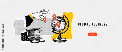 Trendy collage concept of growing business worldwide, international connection, global trade, logistics. Retro sketch hand drawn vector illustration.