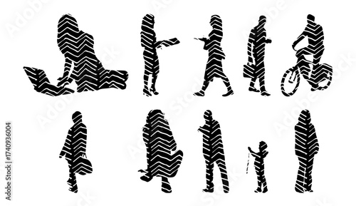 Vector illustration, Outline silhouettes of people, Contour drawing, people silhouette, Icon Set Isolated , Silhouette of sitting people, Architectural set