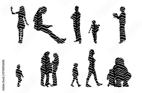 Vector illustration, Outline silhouettes of people, Contour drawing, people silhouette, Icon Set Isolated , Silhouette of sitting people, Architectural set
