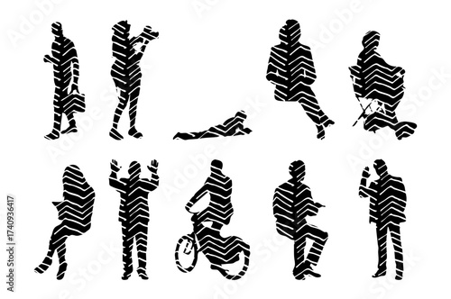 Vector illustration, Outline silhouettes of people, Contour drawing, people silhouette, Icon Set Isolated , Silhouette of sitting people, Architectural set
