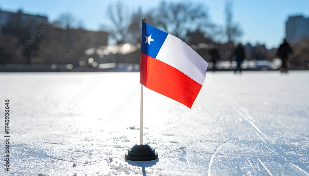 Naklejka premium A small Chilean flag stands on a frozen surface, with silhouetted figures skating in the background under a bright sun