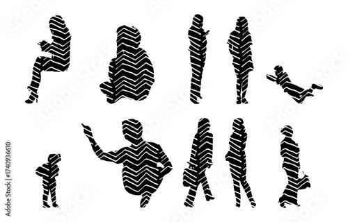 Vector illustration, Outline silhouettes of people, Contour drawing, people silhouette, Icon Set Isolated , Silhouette of sitting people, Architectural set