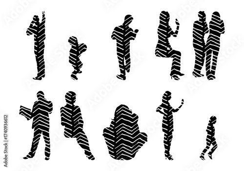 Vector illustration, Outline silhouettes of people, Contour drawing, people silhouette, Icon Set Isolated , Silhouette of sitting people, Architectural set