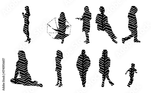 Vector illustration, Outline silhouettes of people, Contour drawing, people silhouette, Icon Set Isolated , Silhouette of sitting people, Architectural set