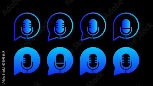 Blue Futuristic Microphone Icon Collection with Gradient Speech Bubble Design for Modern Podcast Streaming and Audio Communication Set