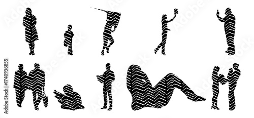 Vector illustration, Outline silhouettes of people, Contour drawing, people silhouette, Icon Set Isolated , Silhouette of sitting people, Architectural set