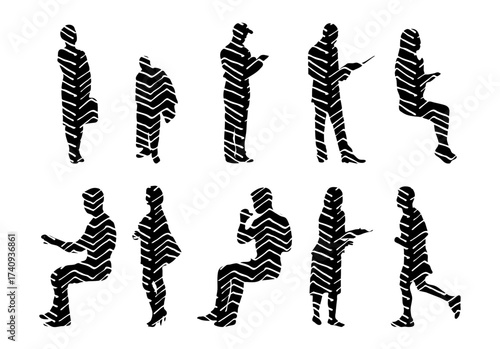 Vector illustration, Outline silhouettes of people, Contour drawing, people silhouette, Icon Set Isolated , Silhouette of sitting people, Architectural set