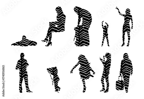 Vector illustration, Outline silhouettes of people, Contour drawing, people silhouette, Icon Set Isolated , Silhouette of sitting people, Architectural set