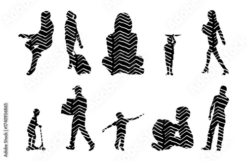 Vector illustration, Outline silhouettes of people, Contour drawing, people silhouette, Icon Set Isolated , Silhouette of sitting people, Architectural set