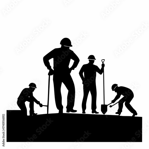 Workers in Progress: A strong, dynamic group of construction workers labor diligently, their silhouettes a testament to the raw power and dedicated work ethic.