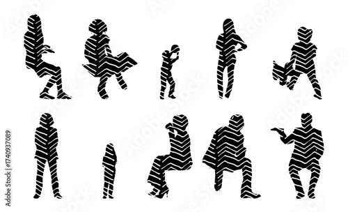 Vector illustration, Outline silhouettes of people, Contour drawing, people silhouette, Icon Set Isolated , Silhouette of sitting people, Architectural set