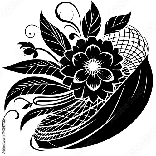 Black and white floral arrangement with a central flower and decorative elements design vector art
