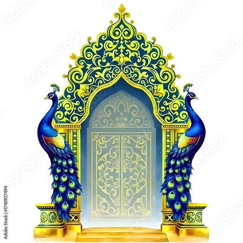 Majestic golden gate with peacock guardians, ornate Indian design for temple entrance or spiritual journey, vibrant hues and exotic beauty, art