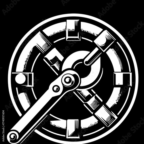 Illustration of a white ratchet wrench tool with a circular gear mechanism on a black background