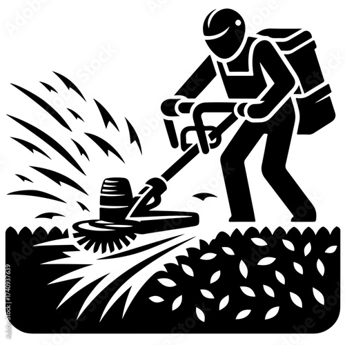 A person using a lawn edger with a backpack in black and white, cutting grass and debris flying around