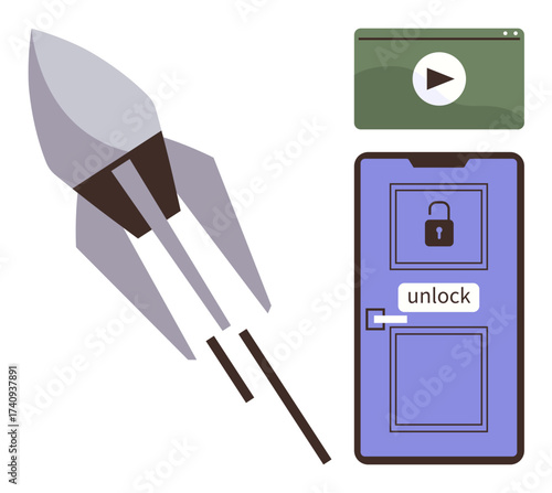 Rocket taking off symbolizing innovation, video media window for communication, and unlocked door for accessibility. Ideal for technology, creativity, goals, progress, accessibility, freedom