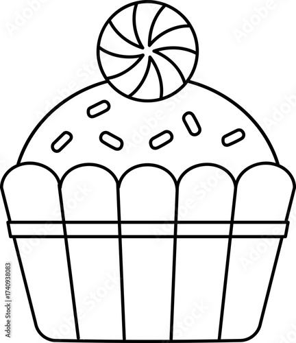 Christmas cupcakes decorated with spiral candies outline vector isolated.
Holiday  Cupcake Wrapper Children's coloring pages.
Transparent background. SVG.