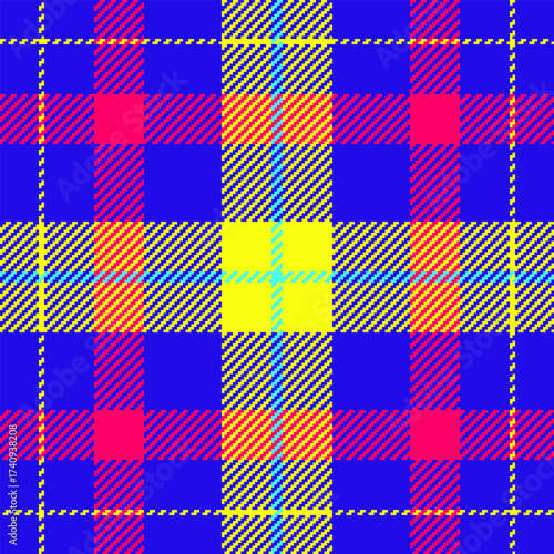 Vibrant, seamless tartan pattern in bold hues. Classic plaid design for backgrounds, textiles, or creative projects. Offers a playful and eyecatching texture.