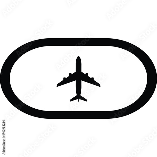 Airplane icon in oval shape black white travel transportation aircraft symbol sign airport flight aviation jet aeroplane flying