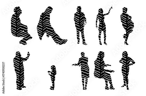 Vector illustration, Outline silhouettes of people, Contour drawing, people silhouette, Icon Set Isolated , Silhouette of sitting people, Architectural set