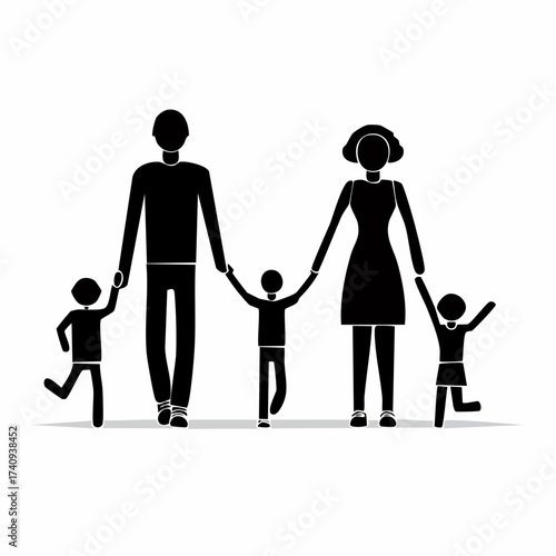Family silhouette: A loving family, represented by simple silhouettes, walking hand-in-hand together, representing love, support and connection.