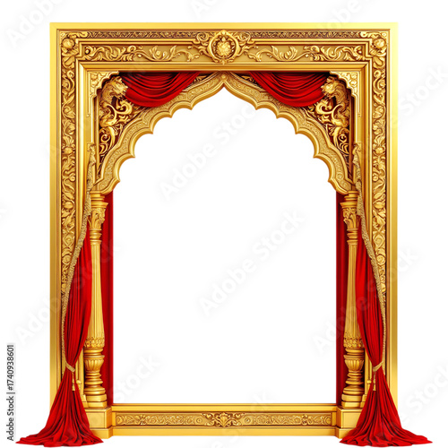 Opulent golden archway with draped red fabric, perfect for adding a touch of regal elegance and dramatic flair to your creative projects