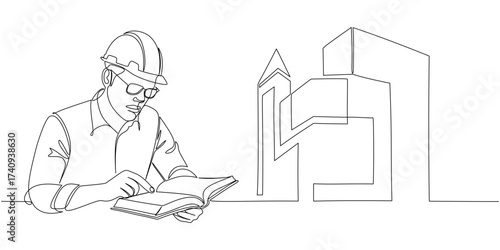 Architect drawing a blueprint line art style vector illustration