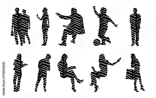 Vector illustration, Outline silhouettes of people, Contour drawing, people silhouette, Icon Set Isolated , Silhouette of sitting people, Architectural set