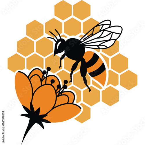 Bee on Flower with Honeycomb Background Illustration insect nature floral vector design animal sweet honeybee isolated pattern yellow
