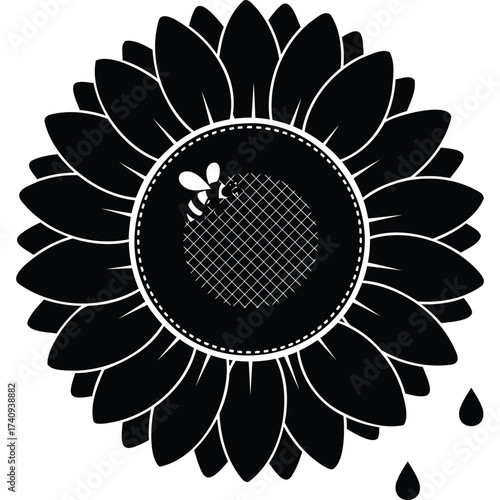 Black and White Sunflower with Bee and Honey Drops honeycomb vector illustration graphic design monochrome nature plant floral isolated